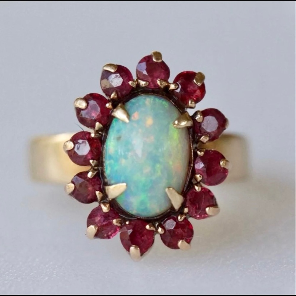 18k solid yellow gold Art Deco era opal ruby ring - Picture 3 of 11